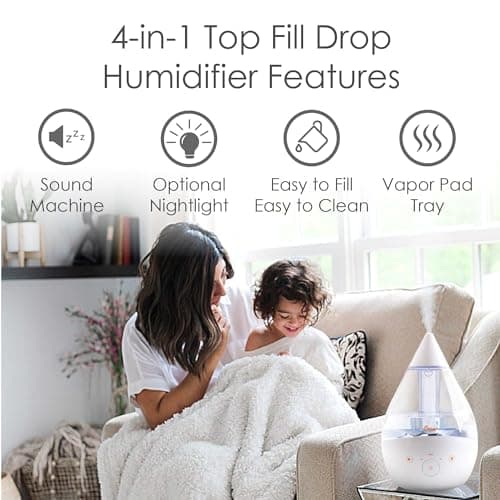 Crane White Drop 4 in 1 Ultrasonic Cool Mist Top Fill Humidifier with Sound Machine, 1 Gallon Tank, For Large Rooms, Clear and White, Baby Nursery Humidifier