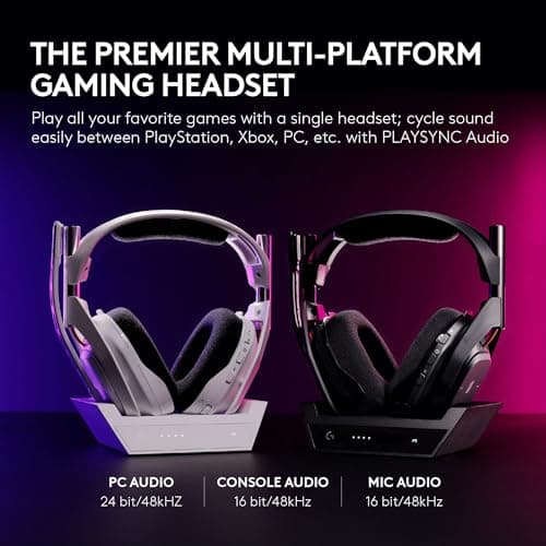 Logitech G Astro A50 Omni-Platform Wireless Gaming Headset + Base Station for PS5, Xbox, PC: PLAYSYNC Audio Switcher, <16 bit/48kHz (Console), <24 bit/48 kHz (PC), 24hr Battery, 2.4GHz & BT - Black