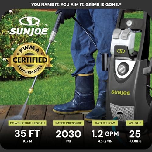 Sun Joe Electric Pressure Power Washer, 2030 PSI (PWMA Certified), 1.2 GPM, Dual Soap Tanks, (35-FT GFCI Water-Safe, Power Cord), SPX3000