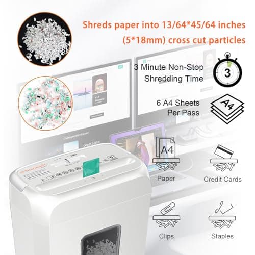 Bonsaii Low Noise Operation Paper Shredder, 6-Sheet Cross-Cut, Credit Card Shredder, Home Office, Handle for Document, Mail, Staple, 3.4 Gal Wastebasket, Easy-Carry Handle, White(C237-B)