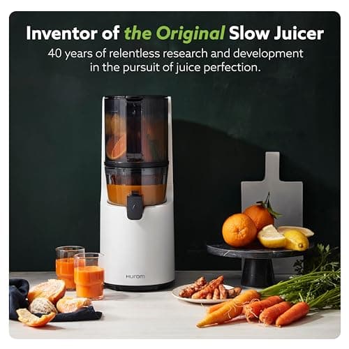 Hurom H-200 Electronic Slow Juicer Machine (Silver) - Self Feeding w Big Mouth Hopper to Fit Whole Fruits & Vegetables - Healthy Living - Easy Rinse Clean No Scrub BPA Free Easy Assembly
