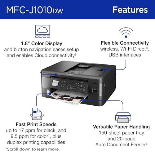 Brother MFC-J1010DW Wireless Color Inkjet All-in-One Printer, Duplex Printing, Mobile & Cloud Print, Compact Design, 1.8" Color Display, Works with Alexa