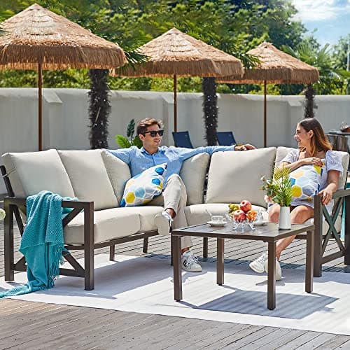 NATURAL EXPRESSIONS 6 Pieces Patio Furniture Sets, Metal Outdoor Sectional Furniture L Shape Patio Conversation Sets,Highback Frame,Metal Table,Large Waterproof Cover, 6.5" Olefin Cushions