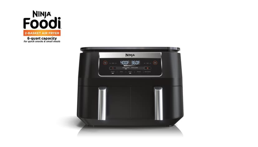 Ninja DZ090 Foodi 6 Quart 5-in-1 DualZone 2-Basket Air Fryer with 2 Independent Frying Baskets, Match Cook & Smart Finish to Roast, Bake, Dehydrate & More for Quick Snacks & Small Meals, Black