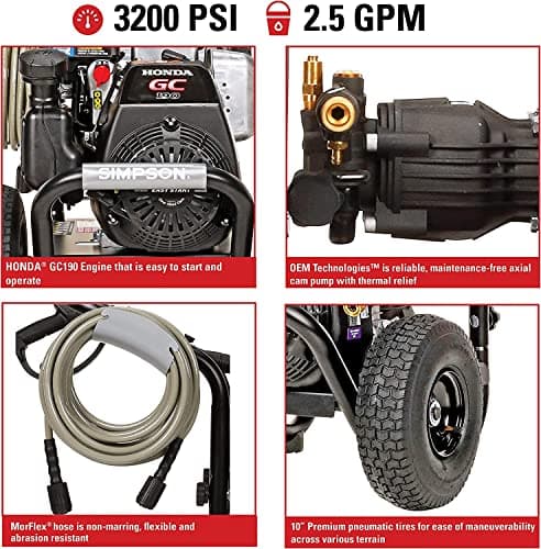 SIMPSON 3200PSI Gas Pressure Washer, 2.5GPM, Honda GC190 Engine, Spray Gun, 5 Nozzle Tips, 25ft Hose, 49 States