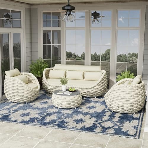 Woven Rope Outdoor Sofa Set: 4 Pieces Aluminum Patio Conversation Set Assembled - All Weather Cushioned Porch Furniture Couch - Modern Metal Lounge Set for Deck Yard Resort Hotel Sunroom, Beige
