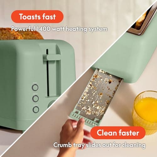 bella 4 Slice Slim Toaster, Fits-anywhereTM Kitchenware, 6 Setting Shade Control with Reheat & Cancel Buttons, Removable Crumb Tray, 10” Long Slot, Anti Jam & Auto Shutoff, 900 Watt, Seaglass