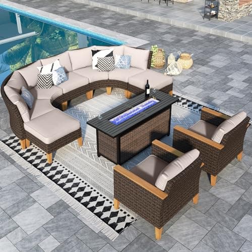 Sophia & William Patio Furniture Set with Fire Pit Table, 10 Piece Half Moon Outdoor Wicker Sectional Sofa Set, Rattan Conversation Set with 56-Inch Fire Pit Table for Backyard, Deck, Pool(Beige)