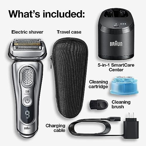 Braun Electric Razor for Men, Waterproof Foil Shaver, Series 9 9390cc, Wet & Dry Shave, with Pop-Up Beard Trimmer for Grooming, Cleaning & Charging SmartCare Center and Leather Travel Case, Silver