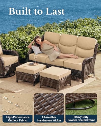 HILLGA Luxury High Back Patio Furniture Set with 6-Inch Thick Cushion, 5-Piece Outdoor Conversation Set with Sofa, Swivel Rocker Chairs & Ottomans, Ideal for Porch Pool Deck Yard (Beige)
