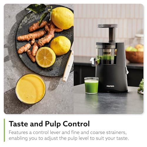 Hurom H-AA Cold Press Juicer Machine, Easy to Clean Masticating Slow Juicer, Coarse Strainer, Adjustable Lever, Minimal Juice Pulp, High Nutrient Extraction (Black)