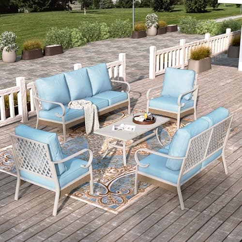 HERA'S HOUSE 5 Piece Metal Patio Furniture Set, 7 Seats All Weather Outdoor Conversation Set, 3 Seat Sofa with Loveseat, 2 Fixed Chairs, Coffee Table for Backyard, Garden, Deck, White/Blue