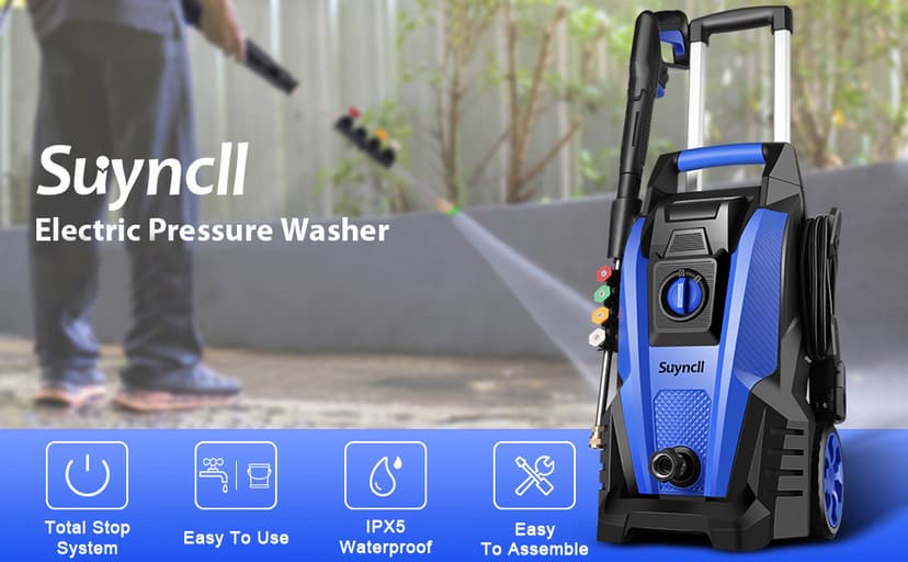 Suyncll Pressure Washer, 2.1GPM Electric Power Washer,2000W High Pressure Washer, Professional Washer Cleaner, with Soap Bottle and Hose Reel, Best for Cleaning Cars,Driveways,Patios