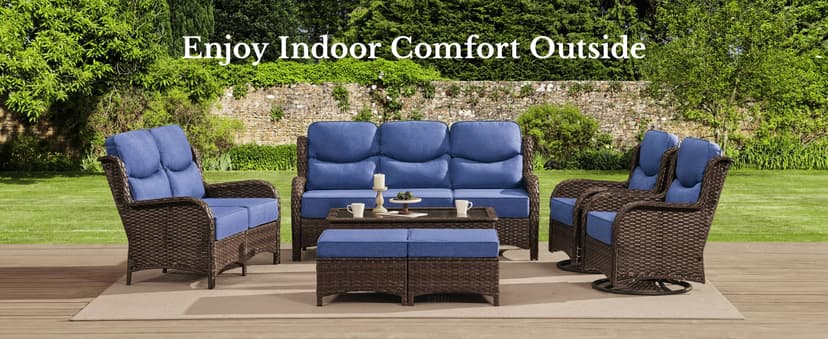 HILLGA Luxury High Back Patio Furniture Set with 6-Inch Thick Cushion, 5-Piece Outdoor Conversation Set with Sofa, Swivel Rocker Chairs & Ottomans, Ideal for Porch Pool Deck Yard (Beige)
