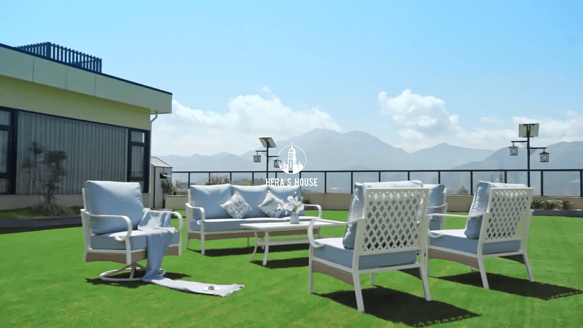 HERA'S HOUSE 5 Piece Metal Patio Furniture Set, 7 Seats All Weather Outdoor Conversation Set, 3 Seat Sofa with Loveseat, 2 Fixed Chairs, Coffee Table for Backyard, Garden, Deck, White/Blue