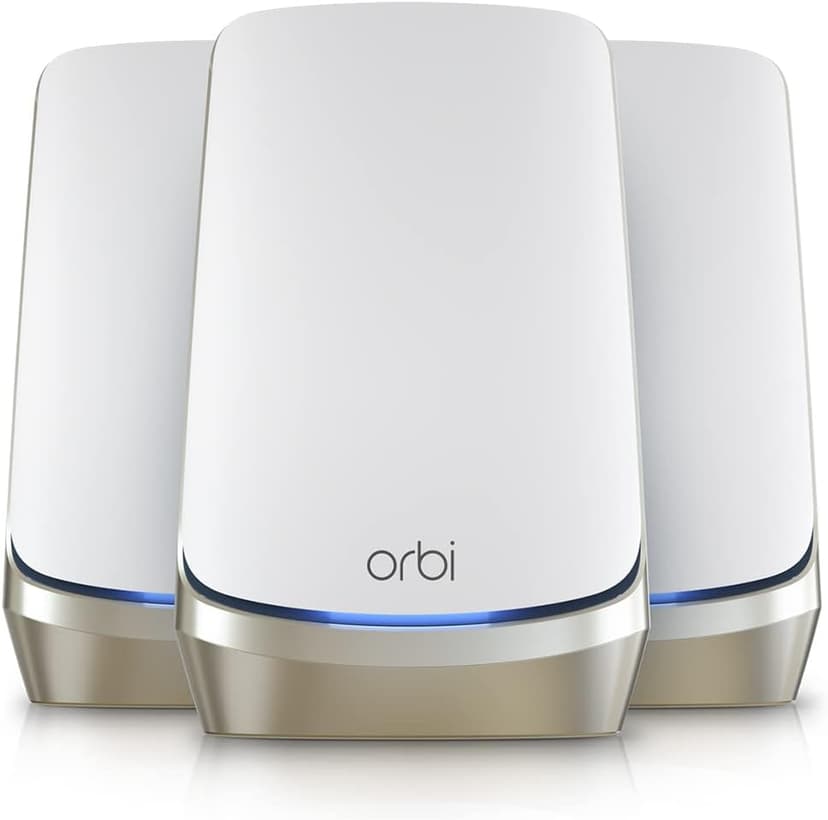 NETGEAR Orbi Quad-Band WiFi 6E Mesh Network System (RBKE963), Router + 2 Satellite Extenders, Security Features, Up to 10.8 Gbps, Coverage up to 9,000 sq. ft., 200 Devices, 10 Gig Internet Port
