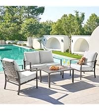 NATURAL EXPRESSIONS 6 Pieces Patio Furniture Sets, Metal Outdoor Sectional Furniture L Shape Patio Conversation Sets,Highback Frame,Metal Table,Large Waterproof Cover, 6.5" Olefin Cushions