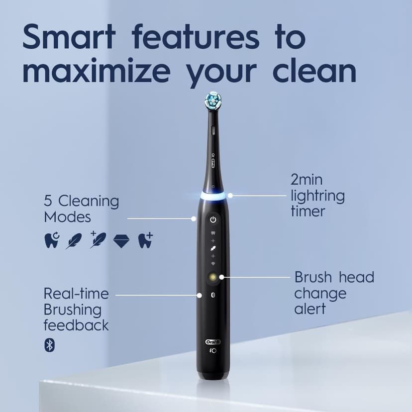 Oral-B iO Series 5 Rechargeable Electric Toothbrush with Visible Pressure Sensor to Protect Gums, 2 Minute Timer, 5 Cleaning Settings, 1 Replacement Toothbrush Heads, and Travel Case, Black
