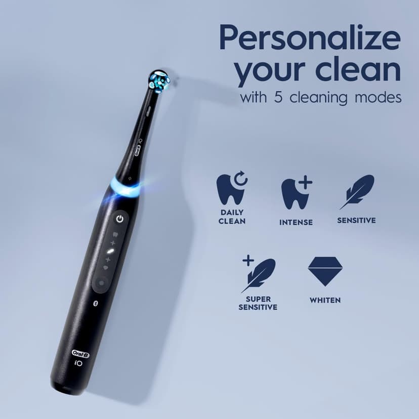 Oral-B iO Series 5 Rechargeable Electric Toothbrush with Visible Pressure Sensor to Protect Gums, 2 Minute Timer, 5 Cleaning Settings, 1 Replacement Toothbrush Heads, and Travel Case, Black