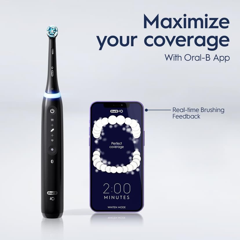 Oral-B iO Series 5 Rechargeable Electric Toothbrush with Visible Pressure Sensor to Protect Gums, 2 Minute Timer, 5 Cleaning Settings, 1 Replacement Toothbrush Heads, and Travel Case, Black