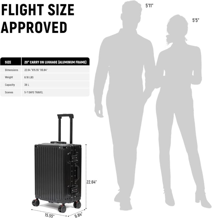 20inch Carry On Luggage 22x14x9 Airline Approved, Zipperless Luggage Carry On TSA Approved ABS+PC Hard Shell Suitcases, Lightweight Carry On Suitcases with Aluminum Frame, Black