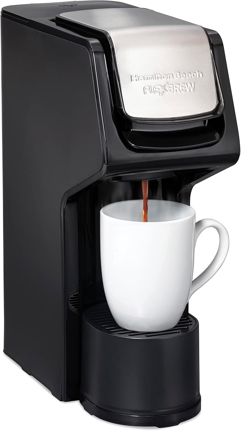 Hamilton Beach 49918 FlexBrew Single-Serve Coffee Maker Compatible with Pod Packs and Grounds, 14 oz, Black, Stainless - Fast Brew