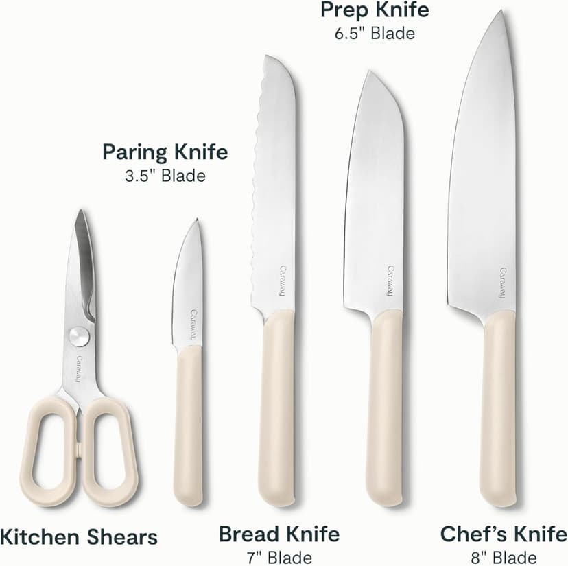 Caraway 14-Piece Kitchen Prep Set - Kitchen Knife Set & Wooden Utensil Set - Made With Premium German Steel Blades & FSC-Certified Birch Wood - Non-Toxic Materials - Includes Organizer - Cream