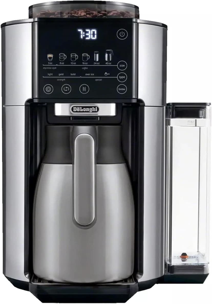 De'Longhi TrueBrew Drip Coffee Maker, Built in Grinder, Single Serve, 8 oz to 24 oz with 40 oz Carafe, Hot or Iced Coffee, Stainless,CAM51035M, Silver/Black