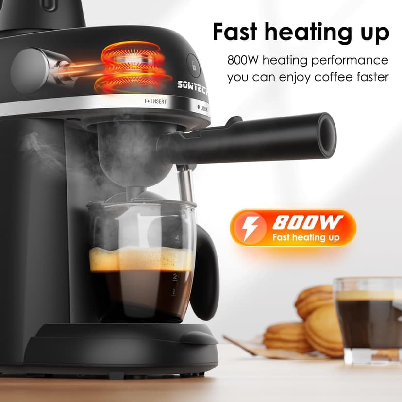 Espresso Coffee Machine Cappuccino Latte Maker 3.5 Bar 1-4 Cup with Steam Milk Frother, Black