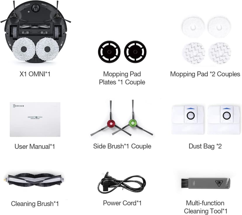ECOVACS DEEBOT X1 Omni Robot Vacuum and Mop Combo with Self-Emptying, Auto-Wash, Auto-Refill and Auto-Hot Air Drying, 5000Pa Suction, AIVI 3D Obstacle Avoidance, Built-in YIKO Voice Assistant, Black