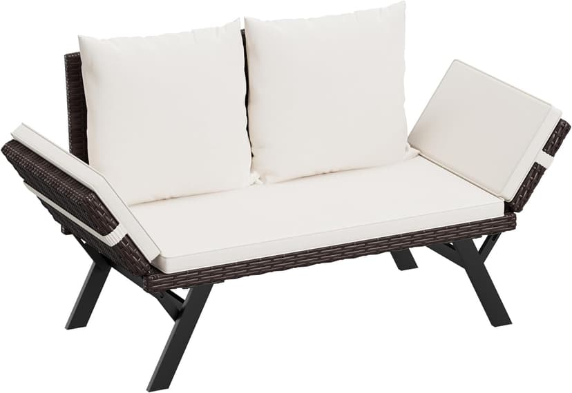 Flamaker Outdoor Convertible Sofa, Woven Rattan Patio Furniture Sunbed with Adjustable Armrests, Removable Cushions and Pillows for Patio, Porch, Pool (Brown Lounger & Beige Pillowcase)