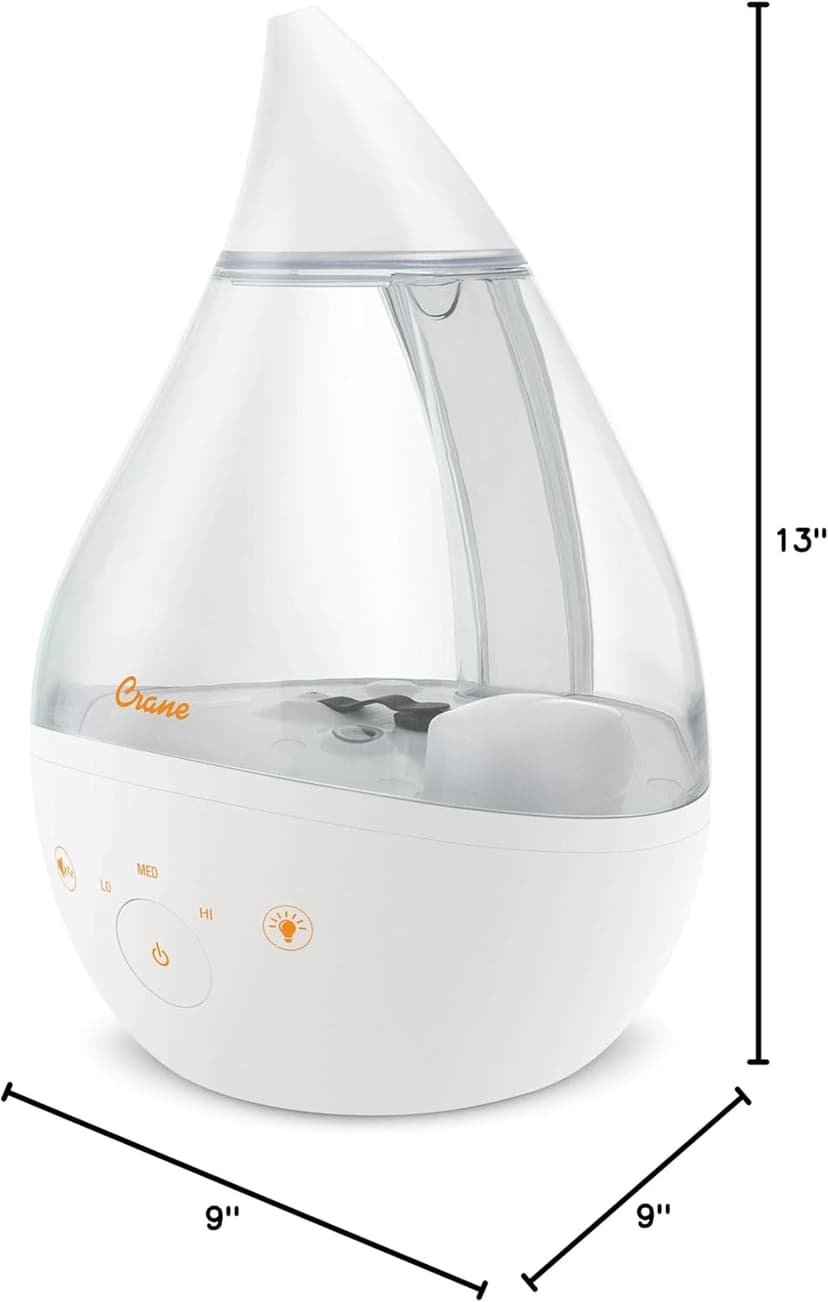 Crane White Drop 4 in 1 Ultrasonic Cool Mist Top Fill Humidifier with Sound Machine, 1 Gallon Tank, For Large Rooms, Clear and White, Baby Nursery Humidifier