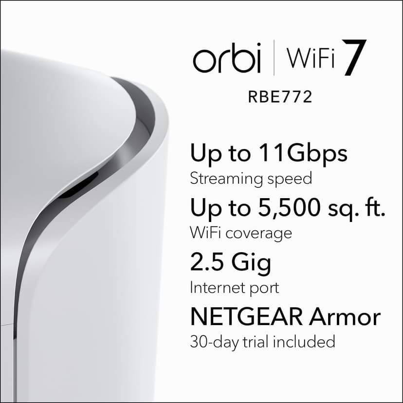NETGEAR Orbi 770 Series Tri-Band WiFi 7 Mesh Network System (RBE772) - Router + 1 Satellite Extender, Security Features, Up to 11Gbps, Covers up to 5,500 sq.ft., 100 Devices, 2.5 Gig Internet Port