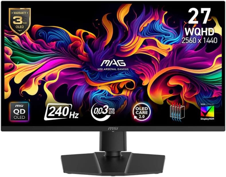MSI MAG 271QP QD-OLED X24 27-inch 2560 x 1440 (QHD) Gaming Monitor, 240Hz, Adaptive-Synch, HDMI, DisplayPort, VESA Mountable, Tilt, Height Adjustable, Speaker, 0.03ms, Black