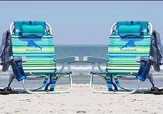 Tommy Bahama Tommy Bahama 5 Position Beach Chair, Zippered Insulated Cargo Pouch, Cup and Cell Phone Holders, Towel Bar, Pillow for Extra Comfort, Heavy-Duty Weight Capacity, 2-Pack (Aqua Stripes)