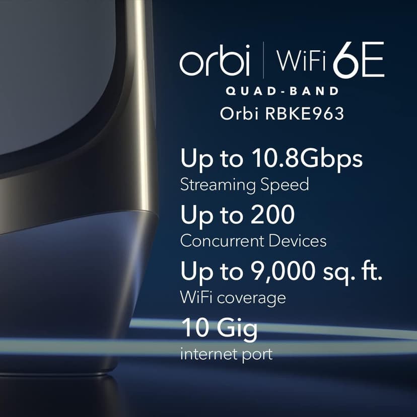 NETGEAR Orbi Quad-Band WiFi 6E Mesh Network System (RBKE963), Router + 2 Satellite Extenders, Security Features, Up to 10.8 Gbps, Coverage up to 9,000 sq. ft., 200 Devices, 10 Gig Internet Port