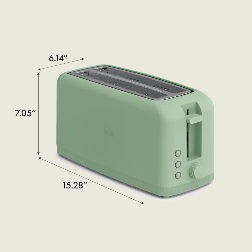 bella 4 Slice Slim Toaster, Fits-anywhereTM Kitchenware, 6 Setting Shade Control with Reheat & Cancel Buttons, Removable Crumb Tray, 10” Long Slot, Anti Jam & Auto Shutoff, 900 Watt, Seaglass