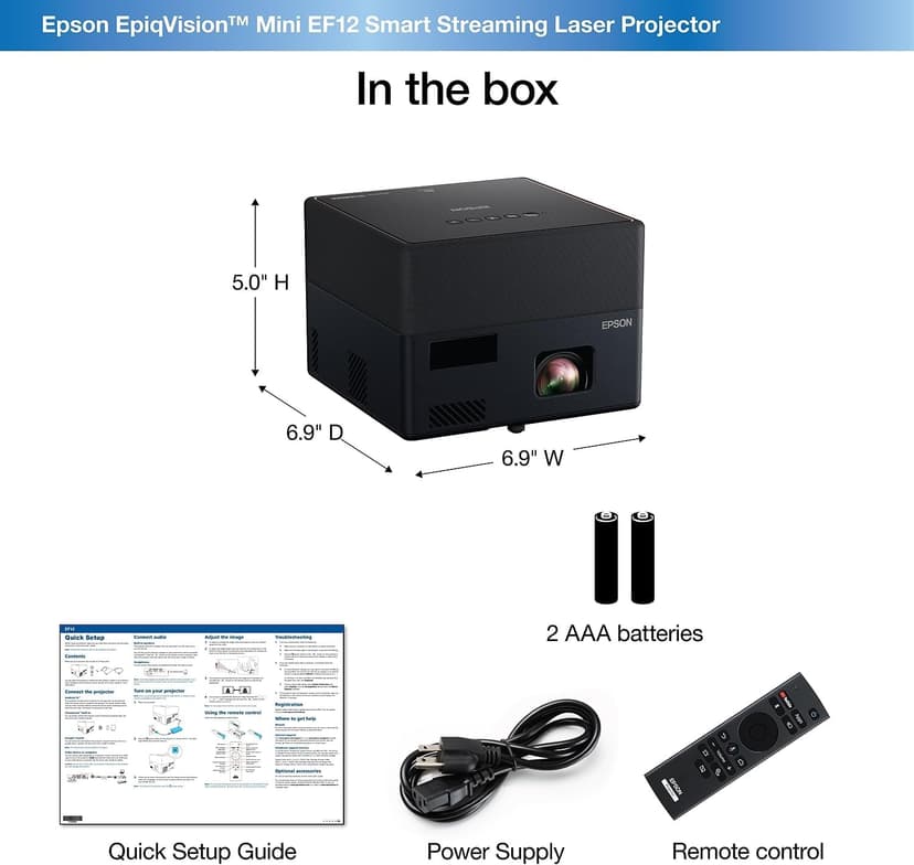 Epson EpiqVision Mini EF12 Smart Streaming Laser Projector, HDR, Android TV, Movies, Family Gaming, Portable, sound by Yamaha, 3LCD, Full HD 1080p, 1000 lumens Color & White Brightness Bluetooth Black