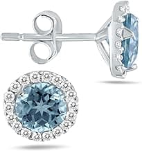 5MM Genuine Gemstone and Natural Diamond Stud Earrings in 14K White Gold (Available in Blue Topaz, Amethyst, Emerald, Sapphire and More)