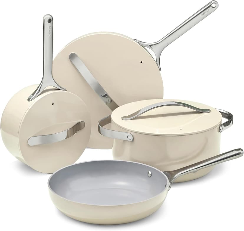 Caraway Nonstick Ceramic Cookware Set (12 Piece) Pots, Pans, Lids and Kitchen Storage - Non Toxic - Oven Safe & Compatible with All Stovetops - Cream
