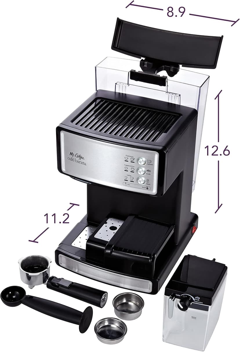 Mr. Coffee Espresso and Cappuccino Machine Stainless Steel Programmable Coffee Maker with Automatic Milk Frother 15-Bar Pump Ideal for Home Baristas