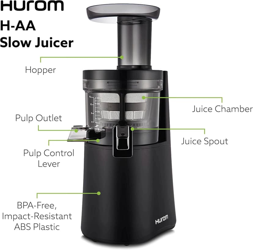 Hurom H-AA Cold Press Juicer Machine, Easy to Clean Masticating Slow Juicer, Coarse Strainer, Adjustable Lever, Minimal Juice Pulp, High Nutrient Extraction (Black)