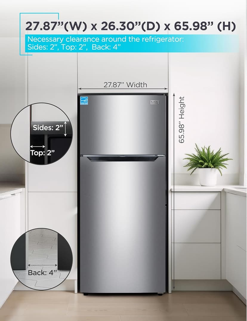 BLACK+DECKER 14.6 Cu. Ft. Top Mount Refrigerator with Freezer, 2 Door Refrigerator with Top Freezer and Adjustable Temperature Control, ENERGY STAR, BR1460HS, Stainless Steel Look