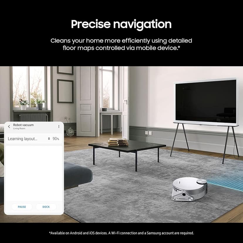 SAMSUNG Jet Bot AI+ Robot Vacuum Cleaner w/ Object Recognition, Intelligent Cleaning, Clean Station, 5-Layer Filter, Touchless Dust Removal for Hardwood Floors, Carpets, VR50T95735W, White