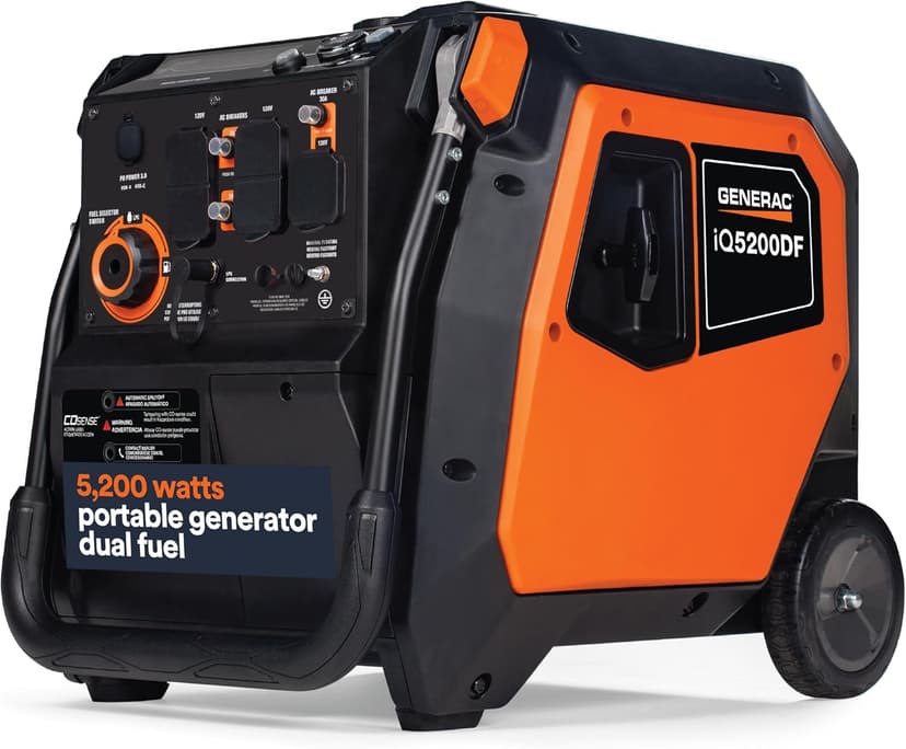 Generac 5,200-Watt Dual-Fuel Portable Inverter Generator - Gas and Propane Compatible - Compact and Lightweight Design - Clean, Stable Power - COsense Technology - Orange/Black - 50 State Compliant