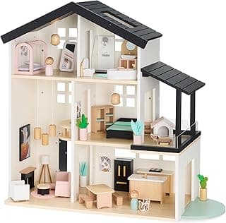 Best Choice Products Pretend Play Wooden Doll House with 40 Interactive Accessories, 3-Story Modern Toy Dollhouse Playset with 6 Rooms for Kids