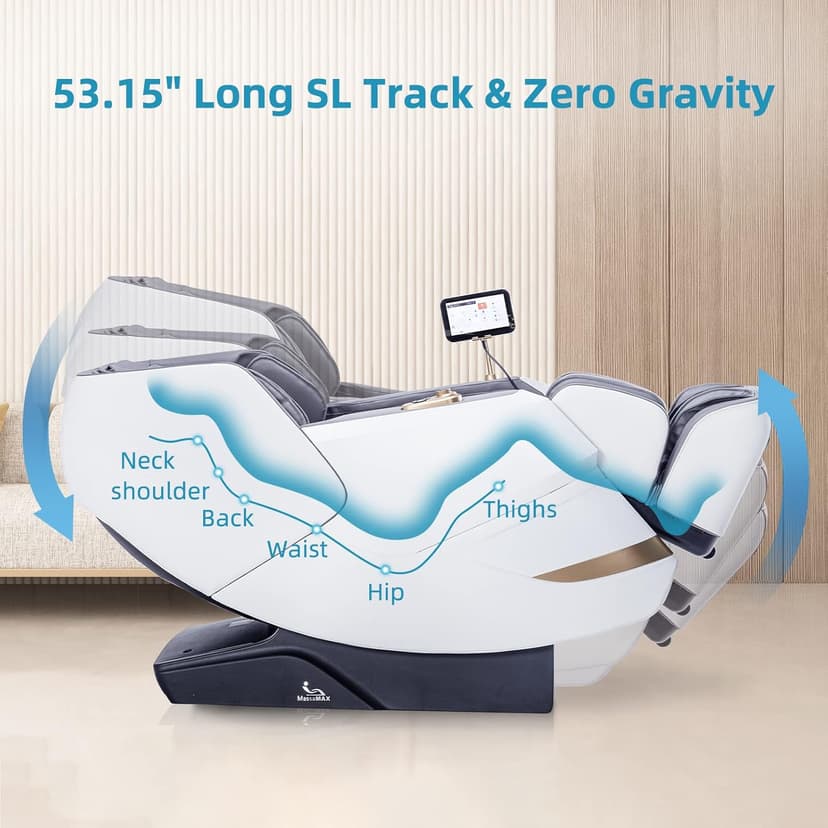 MassaMAX MT339 4D Massage Chair, Full Body Shiatsu Recliner with Electric Extendable Footrest, Zero Gravity, SL Track, Deep Yoga Stretch, 15 Modes, Foot Rollers, and Heating (Space White)