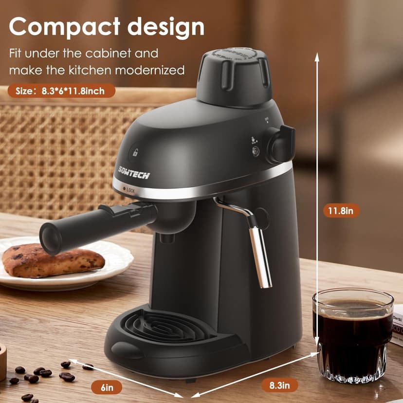 Espresso Coffee Machine Cappuccino Latte Maker 3.5 Bar 1-4 Cup with Steam Milk Frother, Black