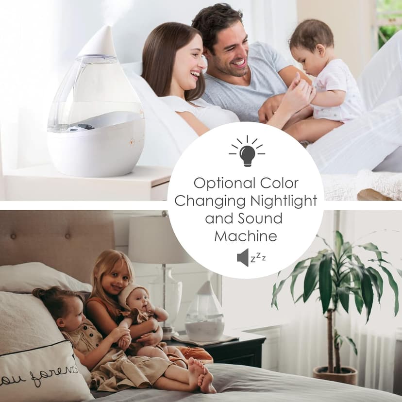 Crane White Drop 4 in 1 Ultrasonic Cool Mist Top Fill Humidifier with Sound Machine, 1 Gallon Tank, For Large Rooms, Clear and White, Baby Nursery Humidifier