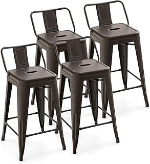COSTWAY Metal Bar stools Set of 4, with Removable Back, 24'' Counter Height Stools with Rubber Feet, Stylish and Modern Chairs, for Kitchen, Dining Rooms, and Side Bar (Gun, 24'')